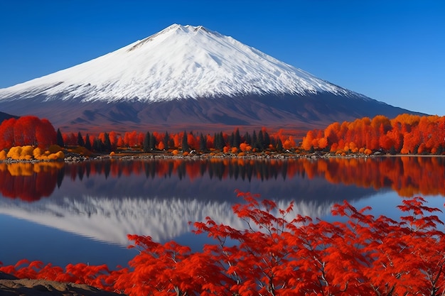 Una montaña con hojas rojas y un cielo azul con un reflejo del monte. fuji en el agua.