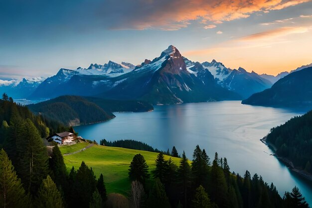 Foto una montaña con un lago al fondo.