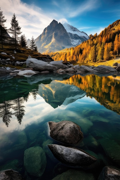 una montaña y un lago con árboles y rocas