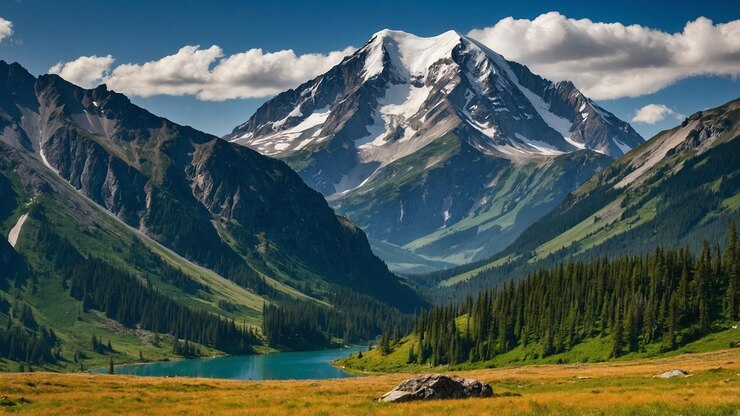 una montaña con un lago en el fondo y una montaña en el fondo