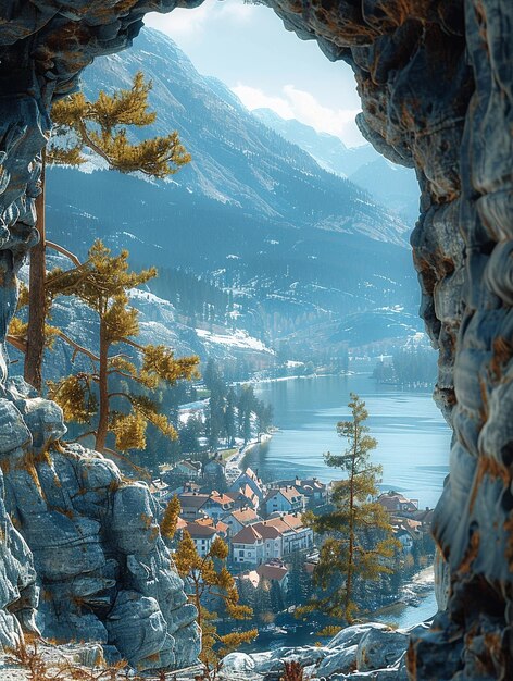 Foto una montaña con un lago y una montaña en el fondo