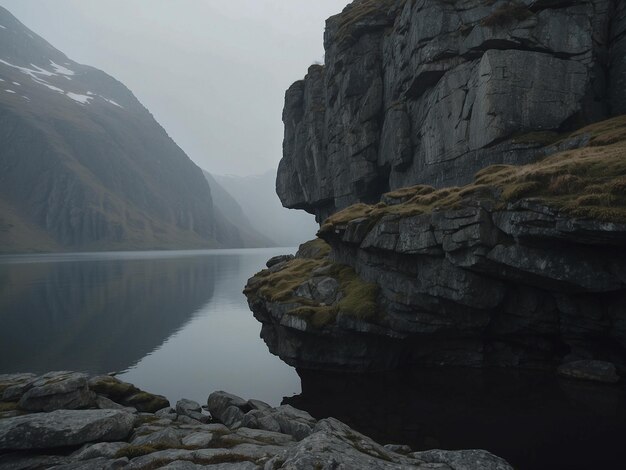 una montaña con un lago y una montaña en el fondo