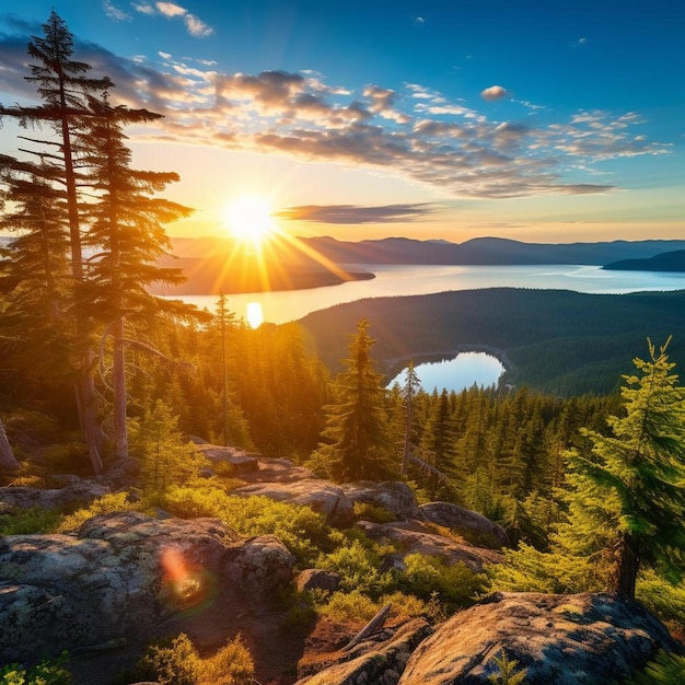 una montaña con un lago y una montaña con el sol poniéndose detrás de ella