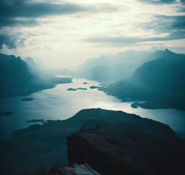 una montaña con un lago y montañas en el fondo