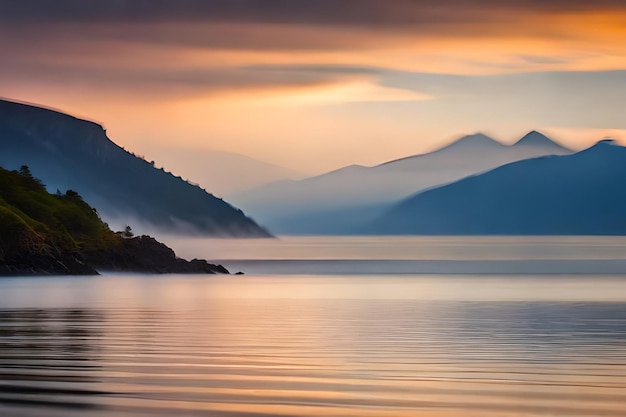 Foto una montaña con un lago y montañas en el fondo