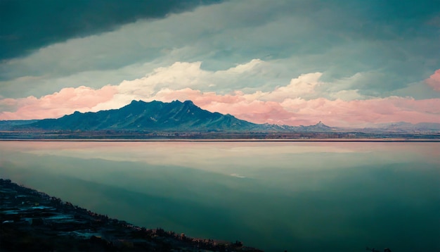 Foto montaña de lago salado con cielo nublado