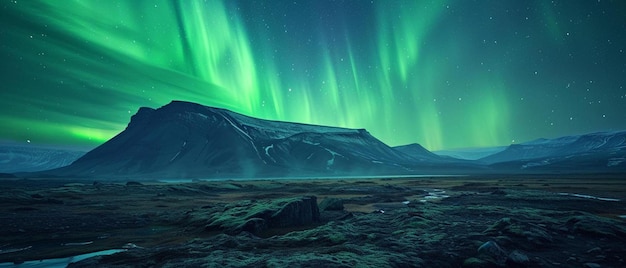 una montaña con luces verdes en el cielo