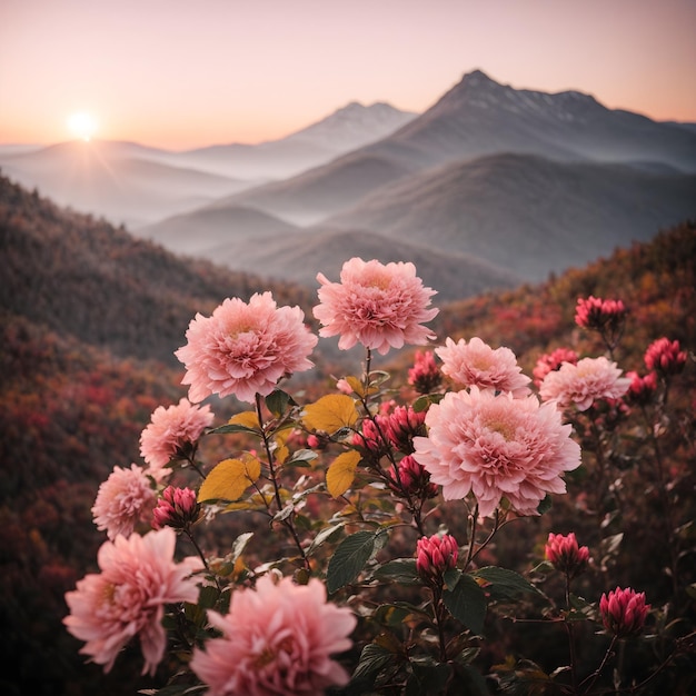 Montaña Majestad Amanecer otoñal y flores rosadas