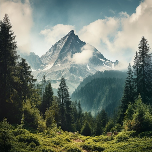 Una montaña majestuosa con un bosque exuberante a sus pies