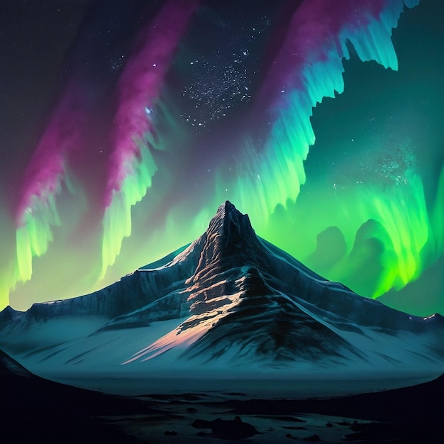 La montaña más alta del mundo por la noche con la aurora boreal.