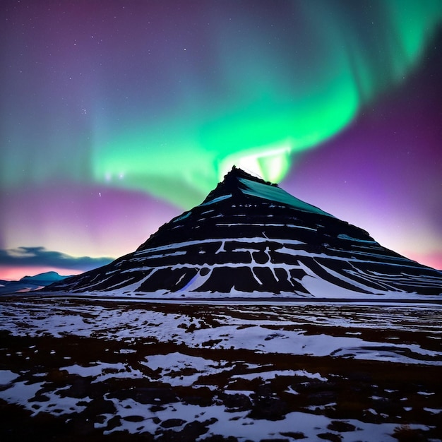 La montaña más alta del mundo por la noche con la aurora boreal.