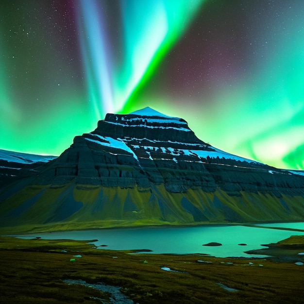 La montaña más alta del mundo por la noche con la aurora boreal.