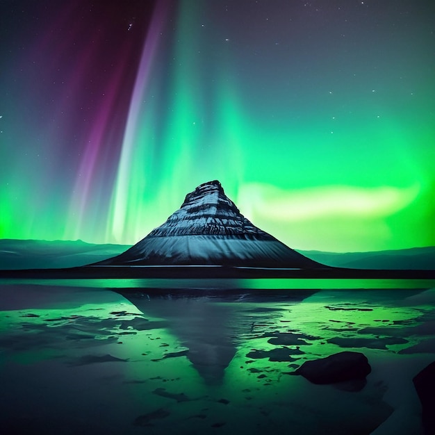 La montaña más alta del mundo por la noche con la aurora boreal.