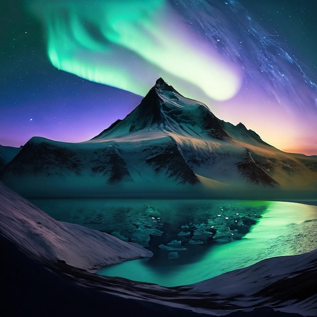 La montaña más alta del mundo por la noche con la aurora boreal.