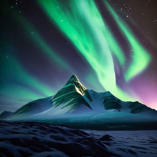 La montaña más alta del mundo por la noche con la aurora boreal.