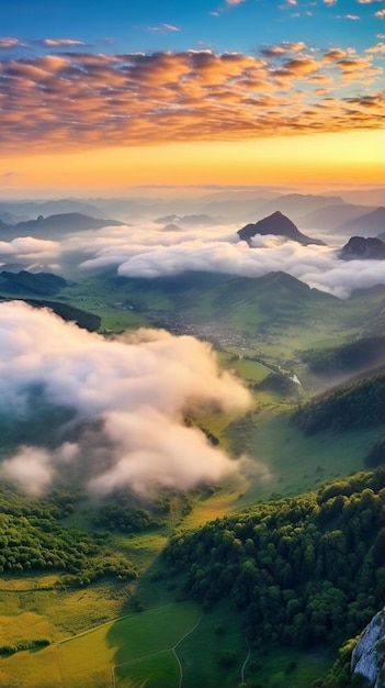 una montaña en el medio de un bosque con una puesta de sol