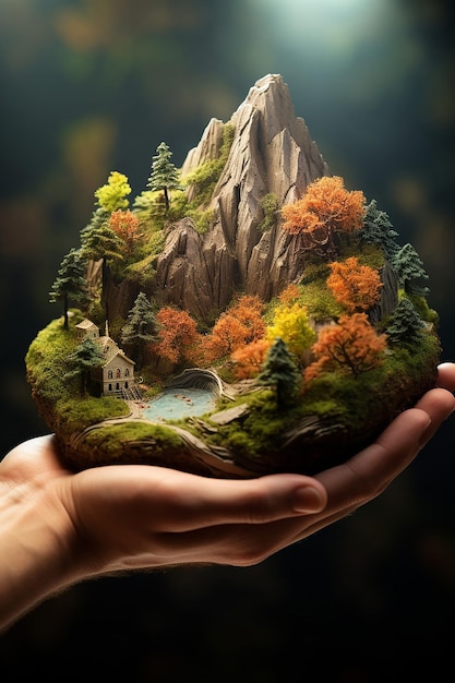 Una montaña en miniatura abrazada ligeramente con ambas manos.