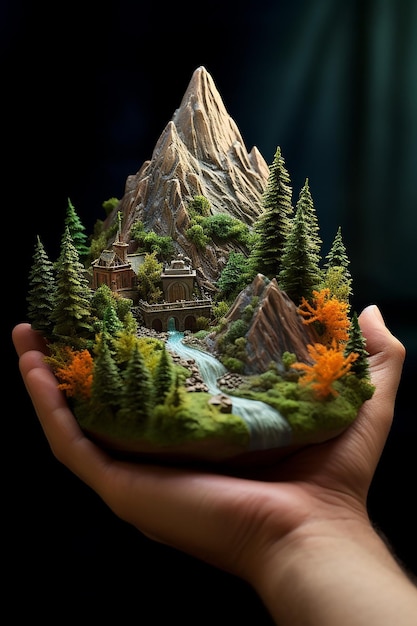 Una montaña en miniatura abrazada ligeramente con ambas manos.