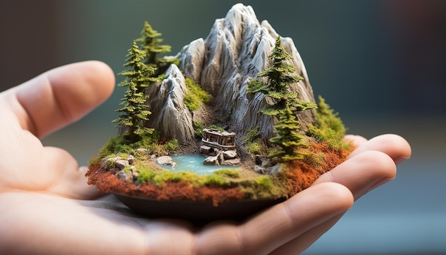 Una montaña en miniatura ligeramente abrazada con ambas manos completa con altos detalles arroyos y árbol