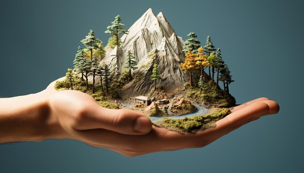 Una montaña en miniatura ligeramente abrazada con ambas manos completa con altos detalles arroyos y árbol