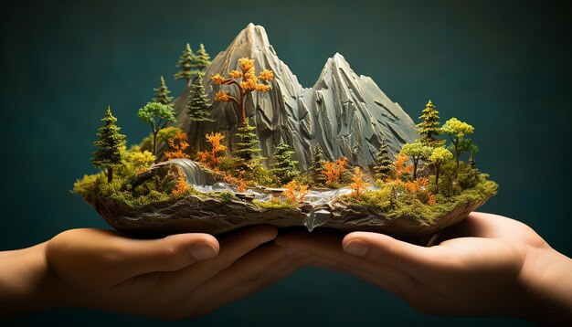 Una montaña en miniatura ligeramente abrazada con ambas manos completa con altos detalles arroyos y árbol