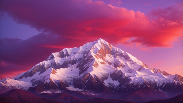 una montaña se muestra con el cielo rosa y púrpura en el fondo