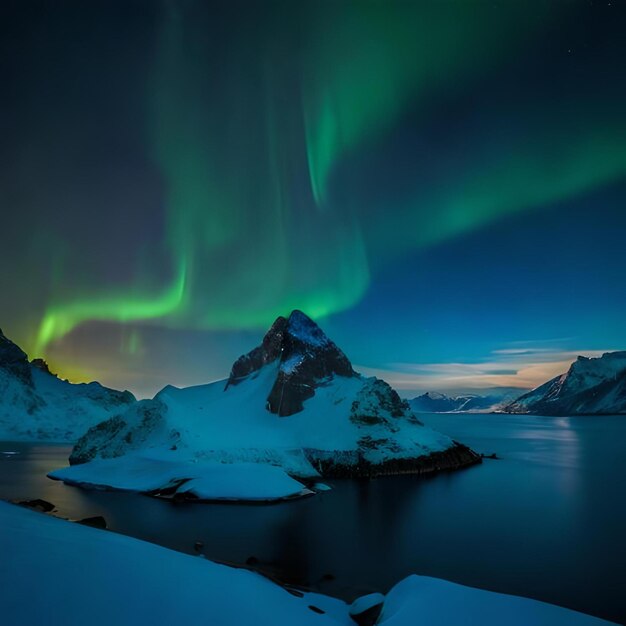 Una montaña nevada con la aurora boreal verde encima