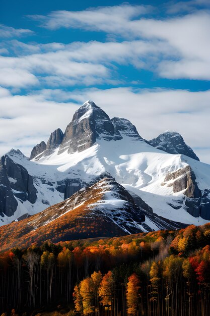 montaña nevada y hermoso otoño