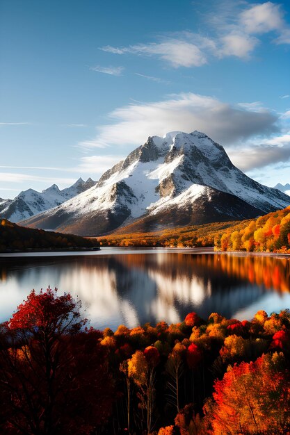 montaña nevada y hermoso otoño