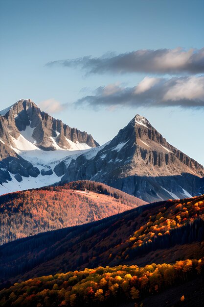 Foto montaña nevada y hermoso otoño