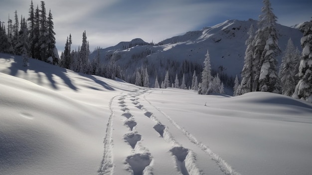 Una montaña nevada con huellas en la nieve y un cartel que dice "la palabra".