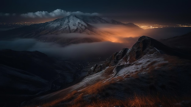 Una montaña nevada con una luz encendida