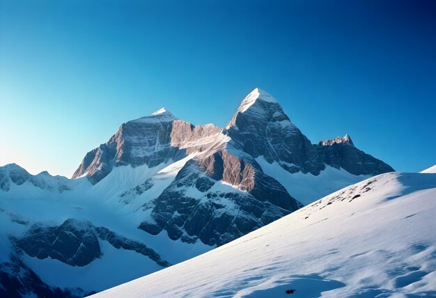 Foto una montaña nevada con una persona en la parte superior de ella