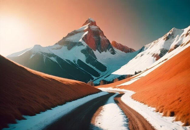 Foto una montaña con nieve y una carretera en el fondo