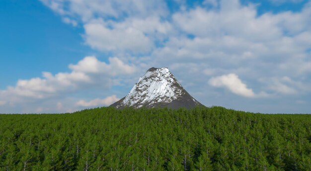 La montaña de nieve de forma afilada está rodeada por un denso bosque de árboles frondosos con un telón de fondo del cielo y las nubes 3d renderizado