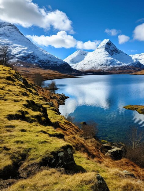 una montaña con nieve y un lago en el fondo