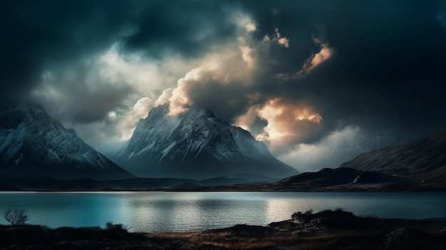 Una montaña en las nubes con un cielo nublado encima