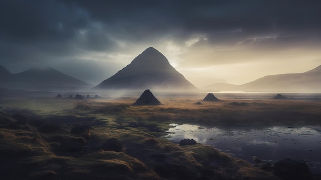 Una montaña en las nubes con un cielo oscuro al fondo