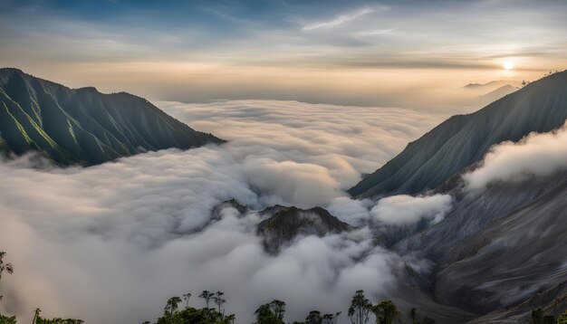 Foto una montaña con nubes y montañas en el fondo