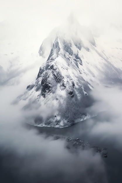 Una montaña en las nubes con nieve sobre ella