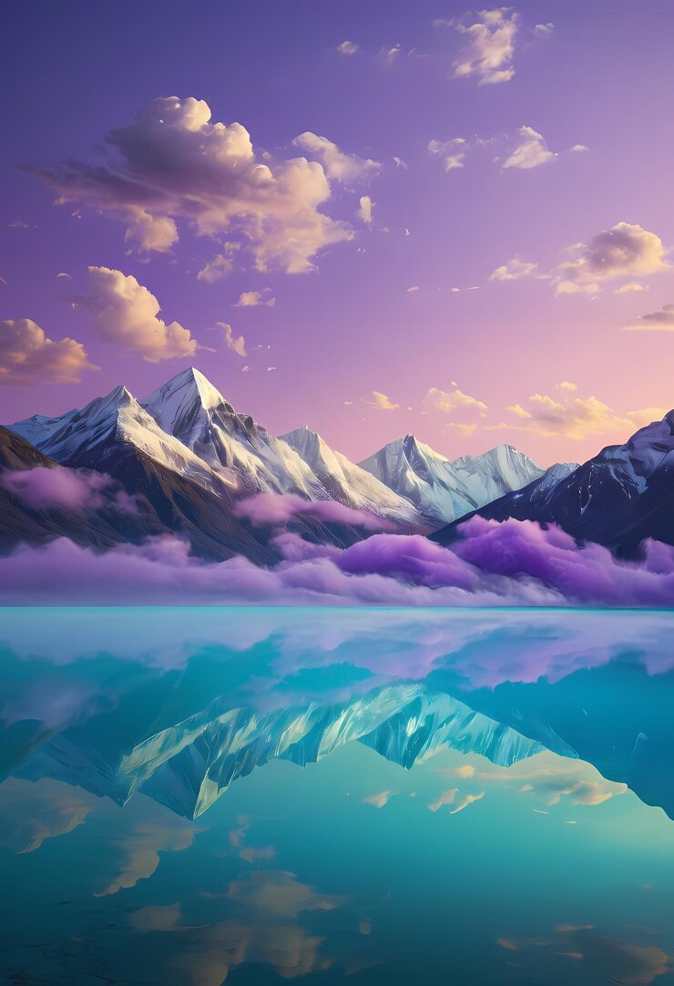 la montaña y las nubes se reflejan en el agua en el papel tapiz de color gradiente