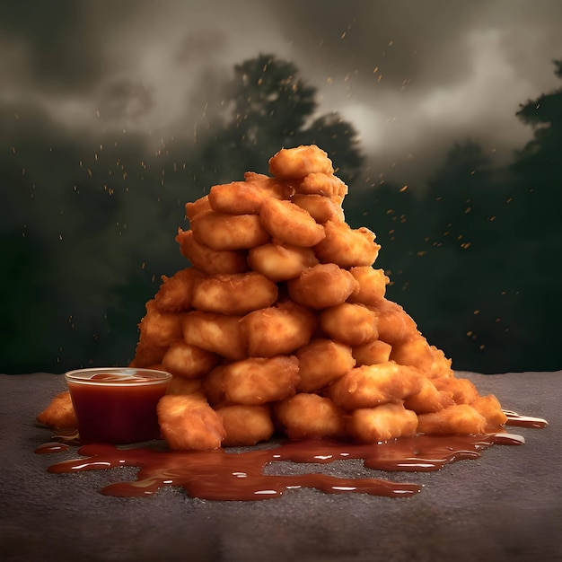 Una montaña de nuggets de pollo y ketchup