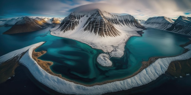 Foto una montaña en el océano ártico con un cielo azul y nubes