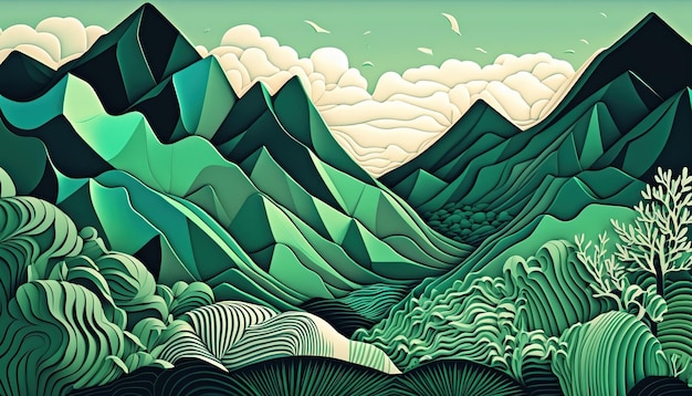 Montaña de paisaje abstracto sobre fondo verde En estilo japonés minimalista oriental tradicional AI