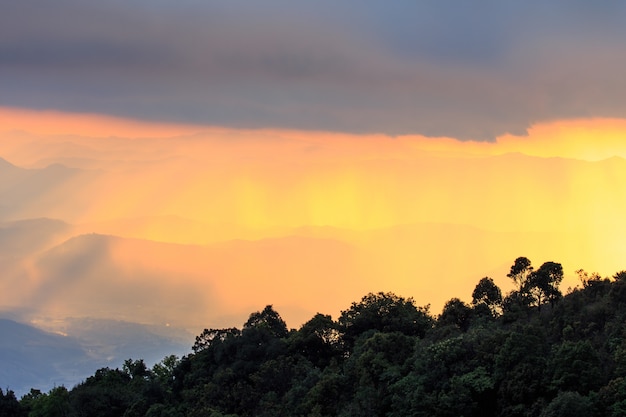 Montaña del paisaje y luz cálida y lluviosa en la naturaleza, Doi Inthanon, Chiangmai Tailandia