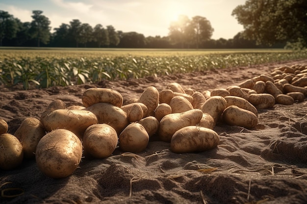 una montaña de patatas colocadas encima de un campo arenoso