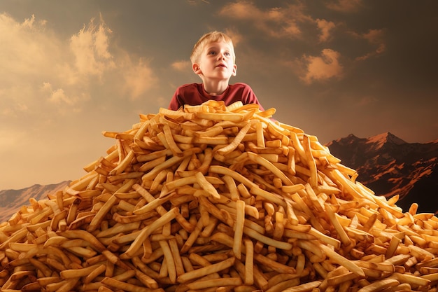 Una montaña de patatas fritas con un niño IA generativa