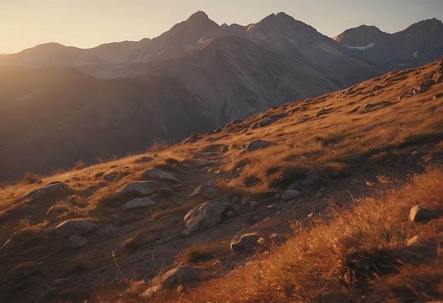 una montaña con una puesta de sol en el fondo