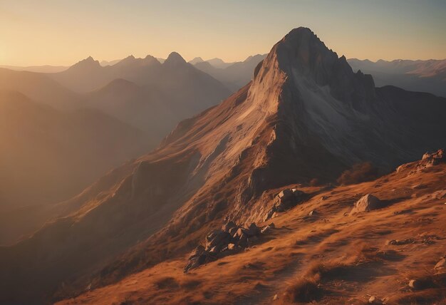 una montaña con una puesta de sol en el fondo