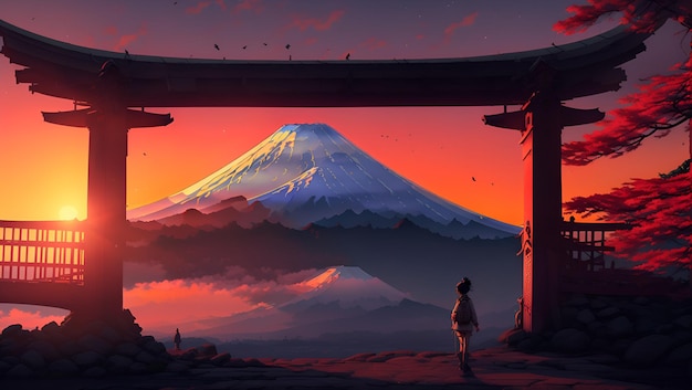 Una montaña con una puesta de sol y un hombre parado frente a ella.